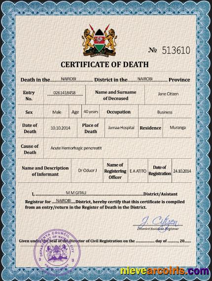 Kenya vital record death certificate
